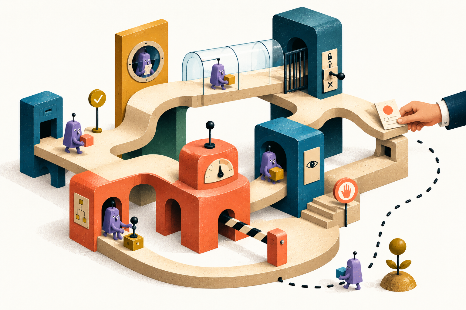 Illustrated operators moving through interconnected machines, windows and gates.